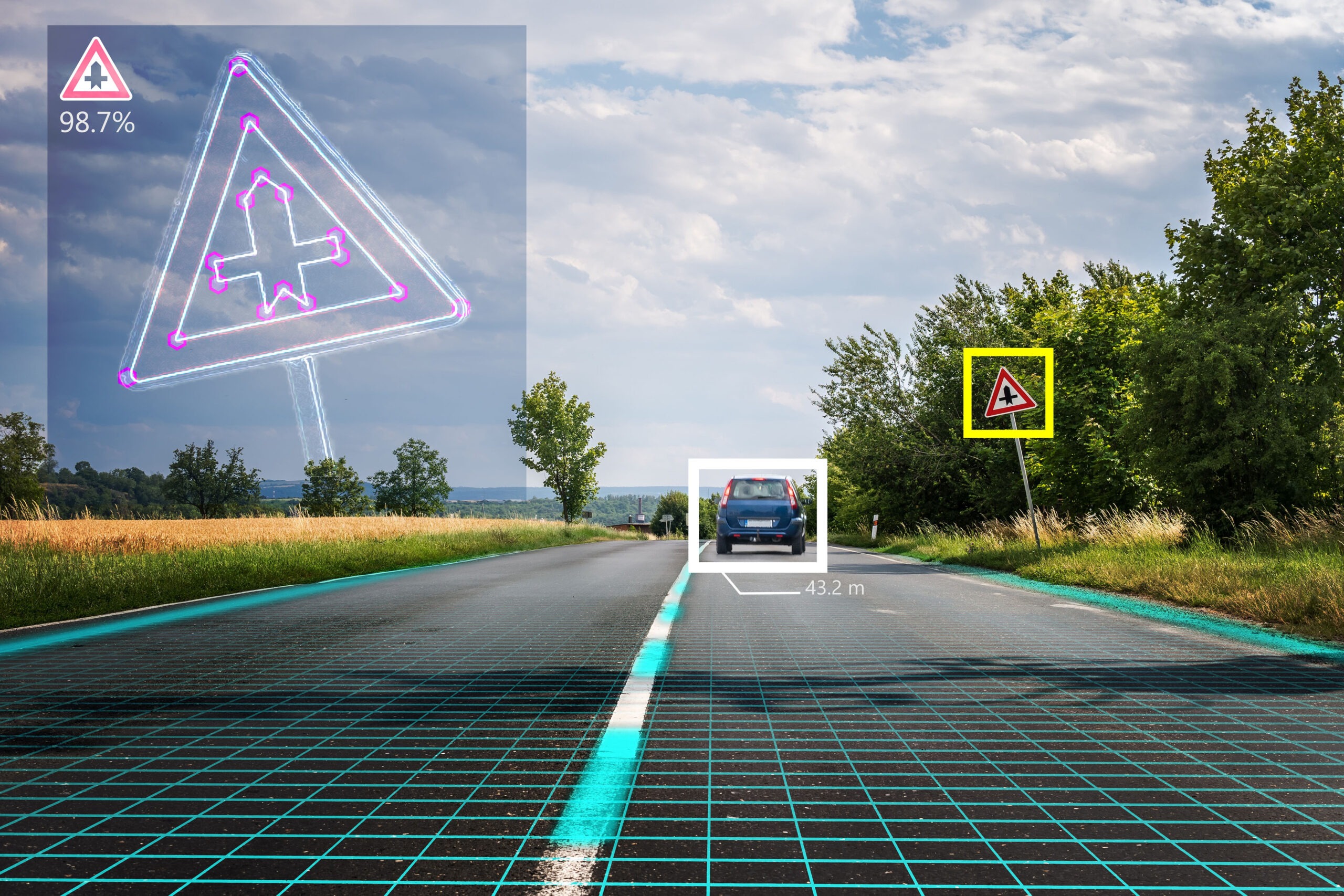 Autonomous self-driving car is recognizing road signs. Computer vision and artificial intelligence concept.